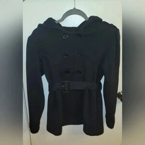 Planet Gold Juniors Small Black Button Down Hooded Jacket Cotton Blend Belt Y2K